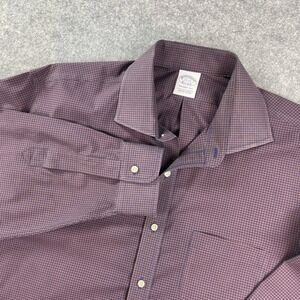Brooks Brothers Mens Button Down Shirt 17-33 Purple Blue Gingham Non Iron Office
